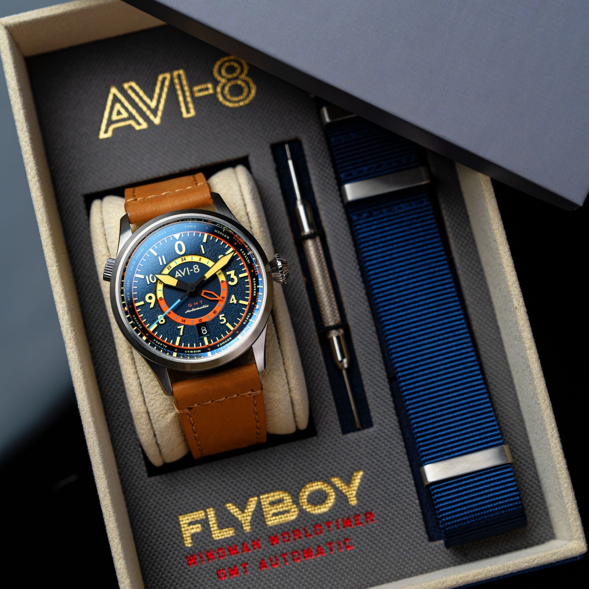 AVI-8 AVI-8 Flyboy Atlantic Blue Wingman Worldtimer GMT Automatic AV-4120-01