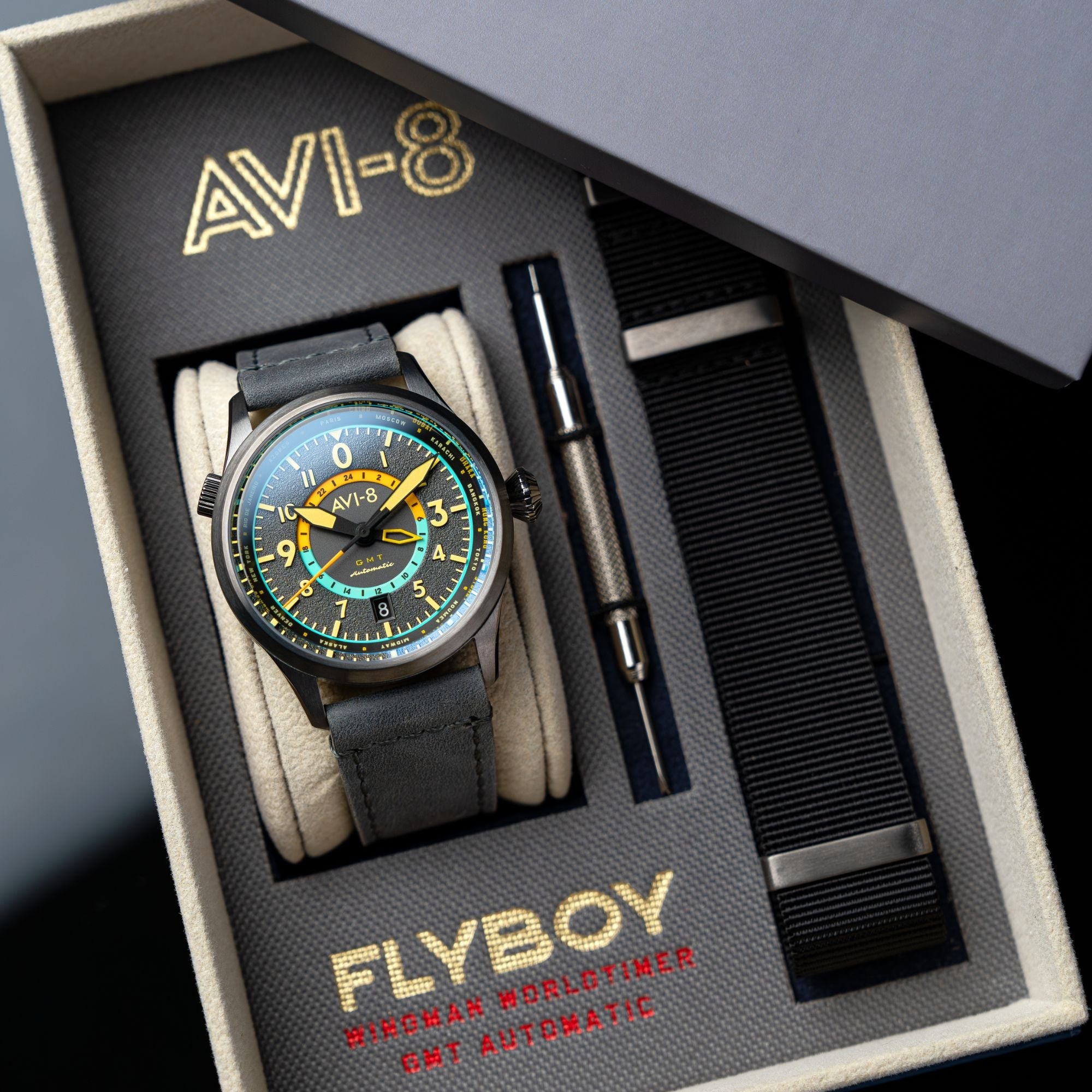 AVI-8 AVI-8 Flyboy Tropical Grey  Wingman Worldtimer GMT Automatic AV-4120-04