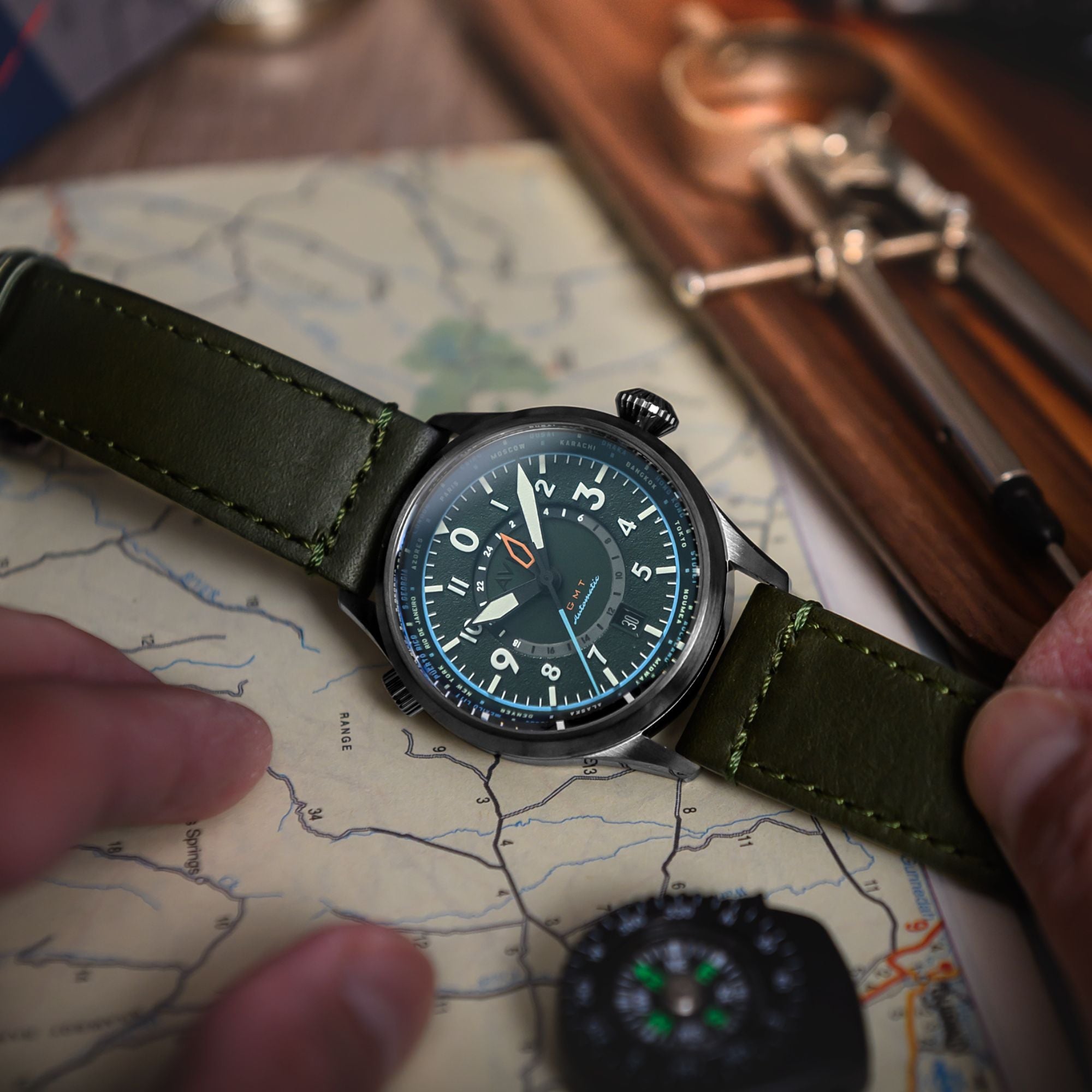 AVI-8 AVI-8 Flyboy Jungle Green Wingman Worldtimer GMT Automatic AV-4120-05